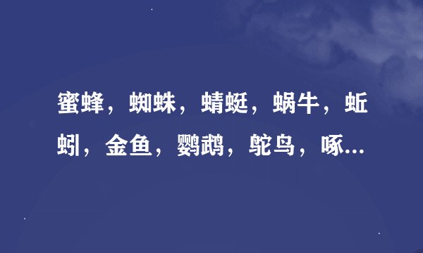 蜜蜂，蜘蛛，蜻蜓，蜗牛，蚯蚓，金鱼，鹦鹉，鸵鸟，啄木鸟的绰号分别是什么？