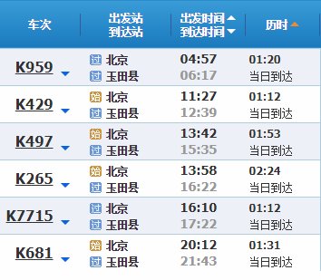 北京到玉田的火车时刻表？