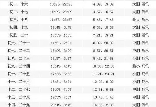 2022年潮汐时间表图