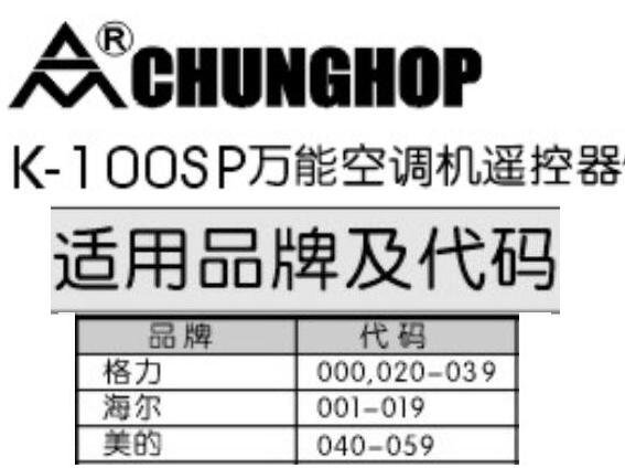 我的万能空调遥控器型号是CHUNGHOP K-100SP,空调是格力，请问遥控器代码是多少