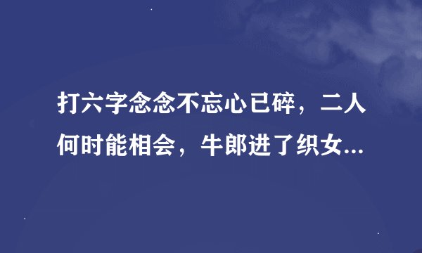 打六字念念不忘心已碎，二人何时能相会，牛郎进了织女寺，力口二字与刀配，