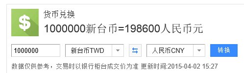 一百万台币等于多少人民币？