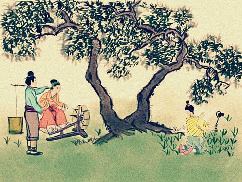 昼出耘田夜绩麻，村庄儿女各当家。童孙未解供耕织，也傍桑阴学种瓜。
